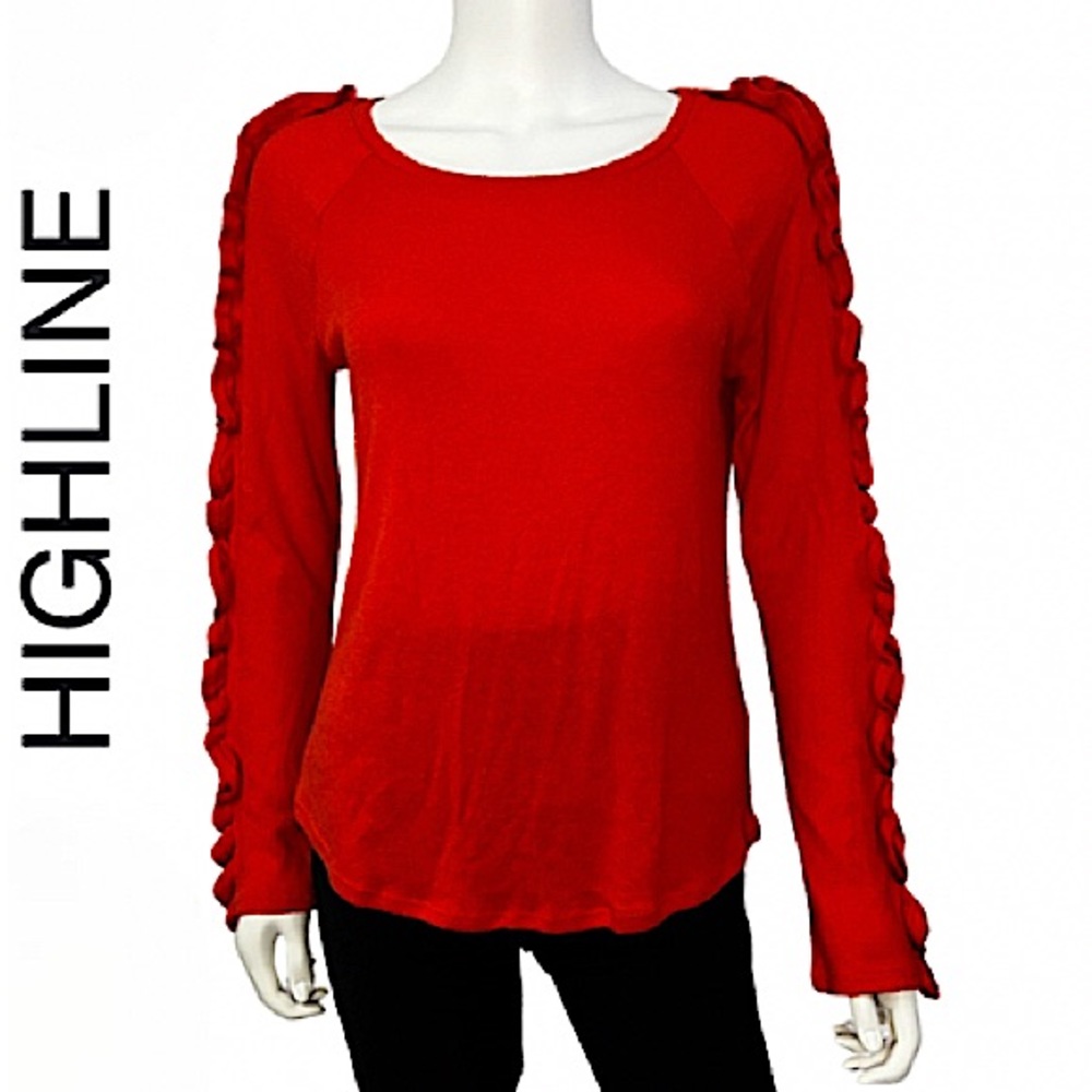 HIGHLINE.NWT. Gorgeous Longsleeve scoop neck sweater with ruffles.Koi Red.Medium